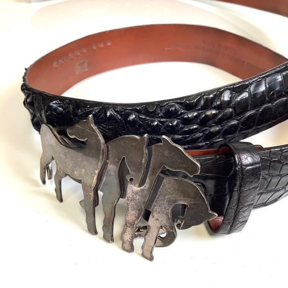 Pat Areias 925 Sterling Silver Stamped Equestrian Buckle Alligator Black Belt 38 - Picture 2 of 16